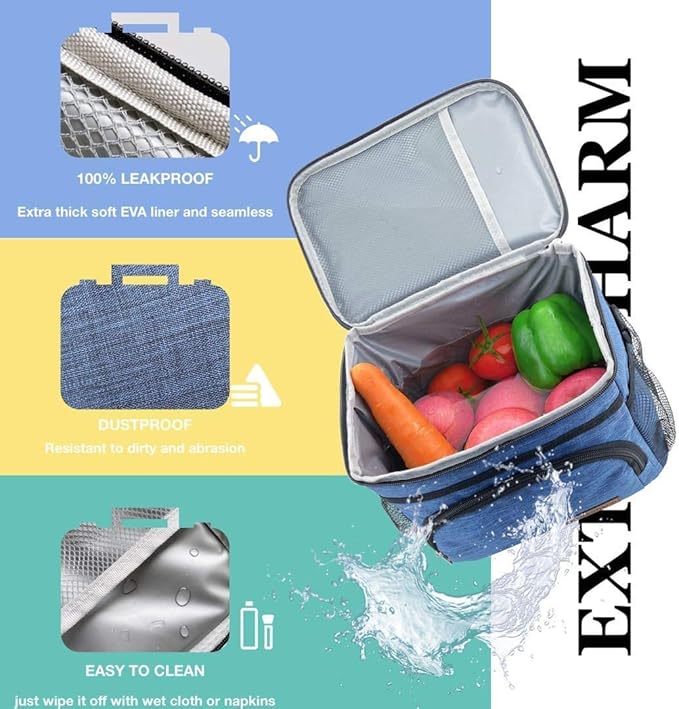 ExtraCharm Insulated Lunch Bag for Women/Men - Reusable Lunch Box for Office Picnic Hiking Beach - Leakproof Cooler Tote Bag Organizer with Adjustable Shoulder Strap for Adults - Grey