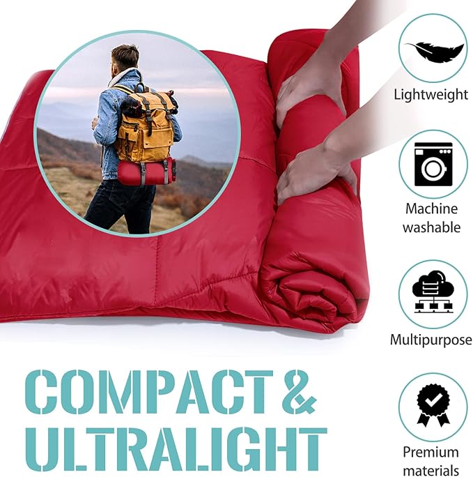 Outdoor Puffy Camping Blanket, Lightweight Down Alternative Puffy Printed Camping Large Ultra Warm Hammock Top Quilt Waterproof Blanket for Traveling Picnic Beach Party Cold Weather (Red)