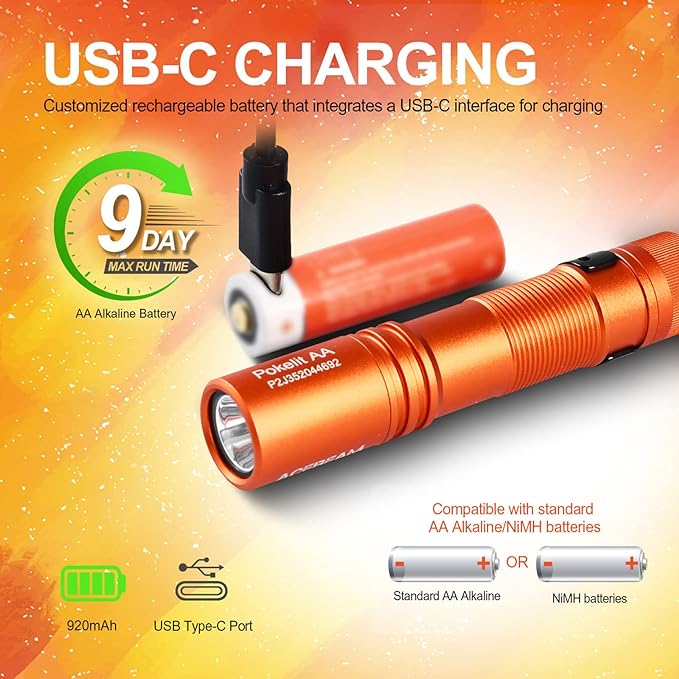 ACEBEAM Pokelit AA Rechargeable Mini Flashlight with Clip, 550 High Lumens Pocket EDC Flashlight, Super Bright Small Flashlight, 90+ High CRI Led Flashlight for Camping, Hiking, Everyday Use(Orange)