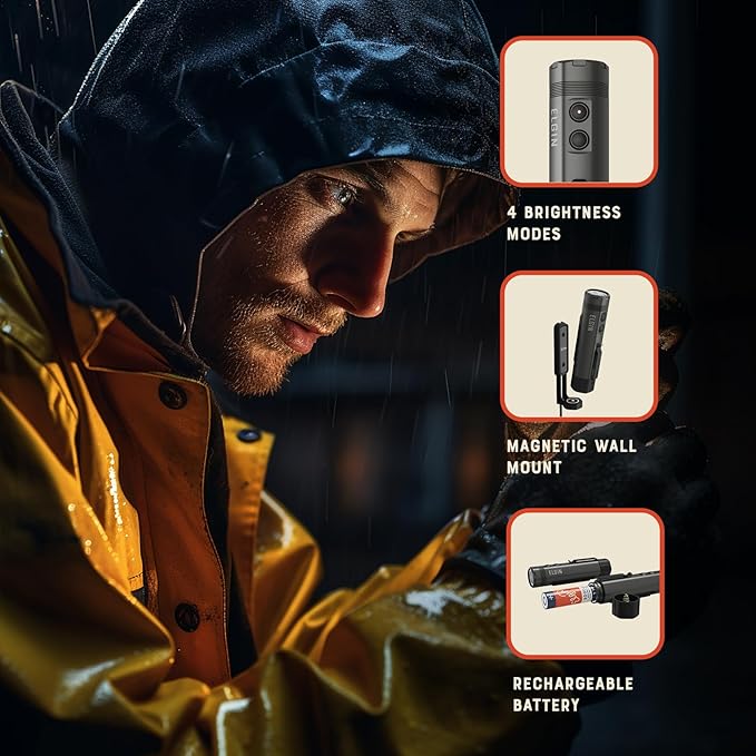 Elgin Maverick LED Flashlight, Rechargeable, Cree Super Bright 1600 Lumens, 4 Brightness Modes, Long-Lasting Battery Life, IP66 Weatherproof Torch for Work, Construction, Outdoor, Camping, Hiking