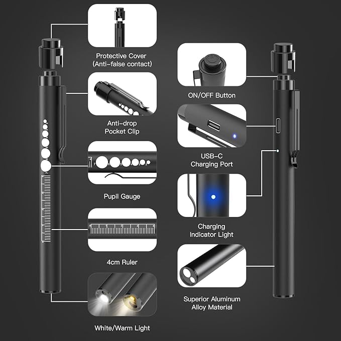 COSOOS 2 Rechargeable Pen Lights with Pupil Gauge, Ruler & 2 Pocket Protectors, LED Penlights for Nurse Doctor, Warm/White Light, USB-C Rechargeable Penlight Flashlight for Nursing Student