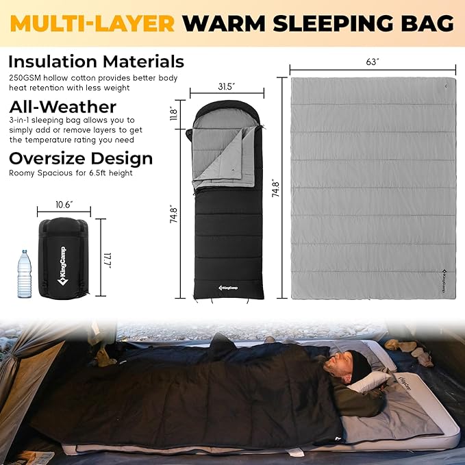 KingCamp 3-in-1 Sleeping Bag for Adults Cold & Warm Weather, XL Size for Big & Tall Individuals, Waterproof, Flannel Lining, Extra Length-Ideal for Camping & Backpacking