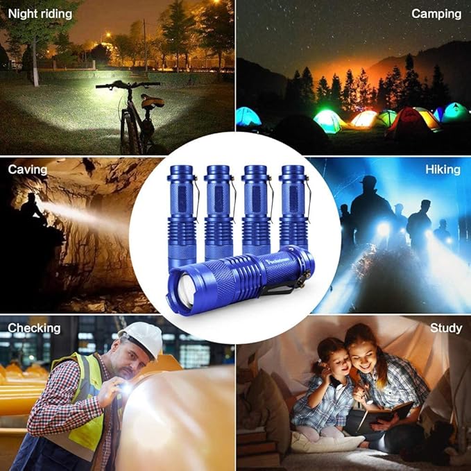 MODOAO 6 Pack,7W 300LM SK-68 3 Modes Mini Light Black Q5 LED Tactical Flashlight, LED Mini Flashlights,Adjustable Focus Zoomable Tactical Flashlight for Camping Hiking Emergency(Blue