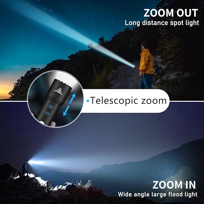 Rechargeable Flashlight, LED Flashlights High Lumens, 10 Modes with COB Sidelight, Zoomable Small Tactical Waterproof Flash Light for Emergency Home Camping, Gifts for Men Women Adults