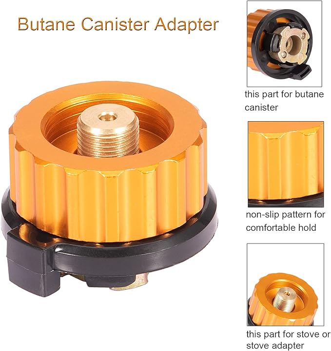 Camping Stove Adapter Propane to Butane Adapter 1 Lb Propane Tank Input EN417 Lindal Valve Output w/Butane Canister Nozzle Input EN417 Lindal Screw Cartridge Output Gas Converter LPG Canister Adapter
