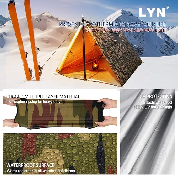 LYN Extra Large Zipper Reusable Survival Emergency Shelter Tent,Thermal Waterproof Fireproof Lightweight Bugout, with ParacordāStake for Camping,First Aid,Hiking&Bushcraft