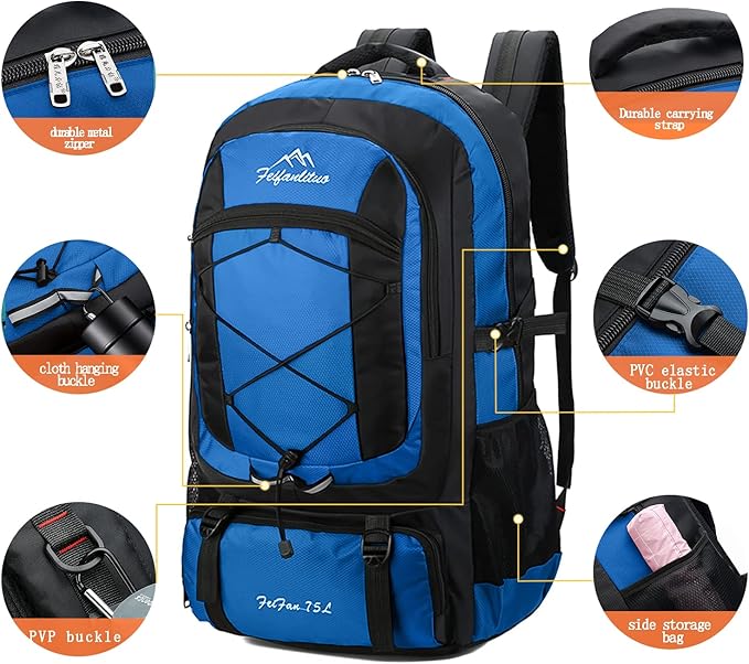 Hiking Backpack Waterproof Lightweight Durable 75L Large Capacity Travel Backpack Suitable for Hiking, Mountaineering, Camping, Fishing...