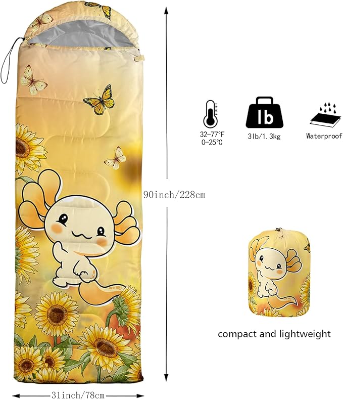 BSNTHO Sunflower Axolotl Printed Camping Sleeping Bag,3 Season Warm & Cool Weather,Lightweight,Waterproof Sleeping Bag for Adults & Kids,Traveling,and Outdoors,Camping Gear Equipment,31x90inch