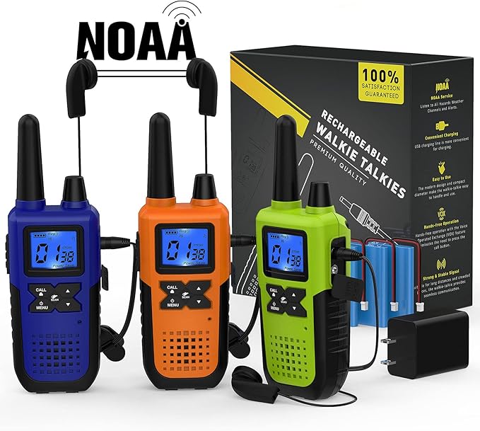 3 Long Range Walkie Talkies Rechargeable for Adults - NOAA 2 Way Radios Walkie Talkies 3 Pack - Long Distance Walkie-Talkies with Earpiece and Mic Set Headset USB Charger Battery Weather Alert