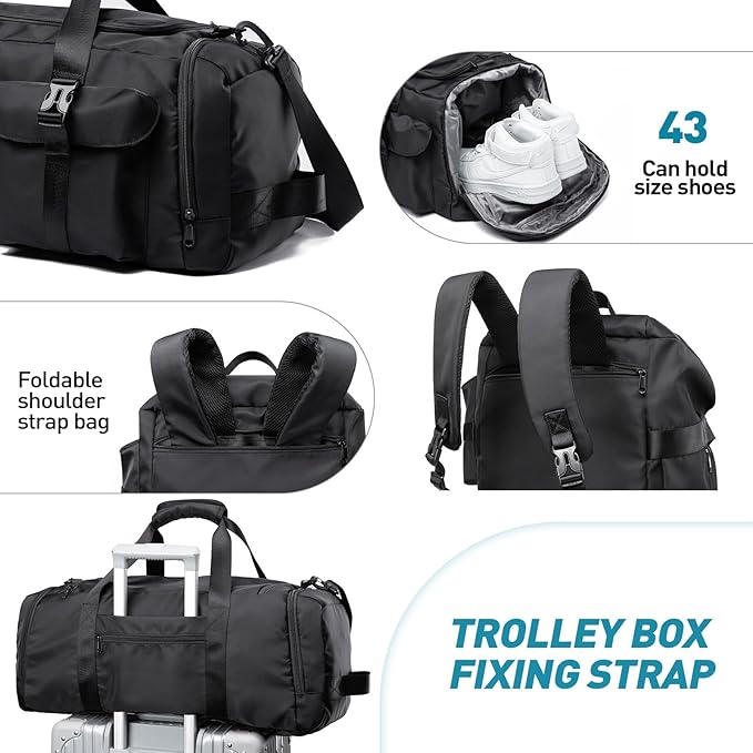 Duffle Backpack Bag with Shoe Compartment, 3 in 1 Weekend Duffel Gym Backpack for Men Waterproof Lightweight Sports Bags for Travel (Black)