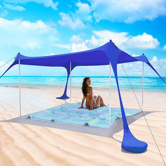 Beach Tent Pop Up Shade Canopy Sun Shelter UPF50+ with 2 Stability Poles/Carry Bag/Ground Pegs/Sand Shovel/Windproof Ropes Portable Outdoor Family Sunshade for Beach Camping(Navy Blue,10×10FT)