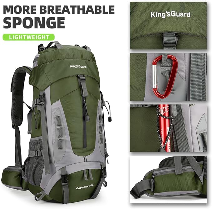 60L Hiking Backpack Large Waterproof Camping Backpack for Men and Women Lightweight Frameless Backpacking Backpack with Rain Cover (Army Green)