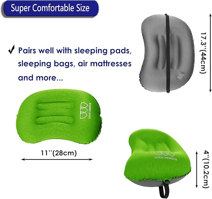 Gold Armour Inflatable Camping Pillow Backpacking Pillow Lightweight Travel Air Pillow Ultralight Ergonomic Pillow Portable for Airplanes with Neck & Lumbar Support (2 Pack) (Black & Lime Green)