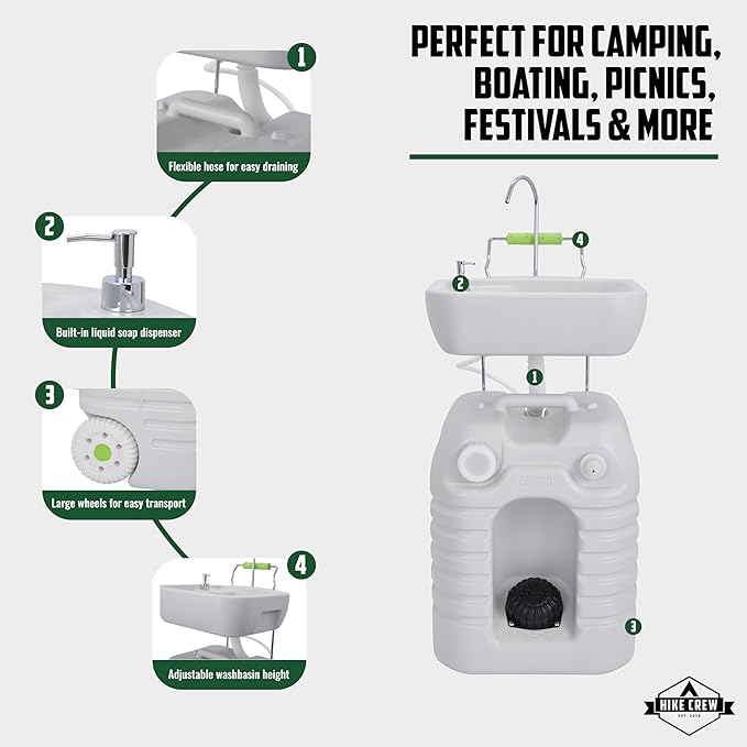 Hike Crew Portable Camping Sink & Water Reserve | Outdoor Travel Hand Wash Station with Large 12 Gallon Capacity Water Tank, Hands-Free Foot Pump, Faucet, Soap Dispenser, Rolling Wheels & Carry Handle