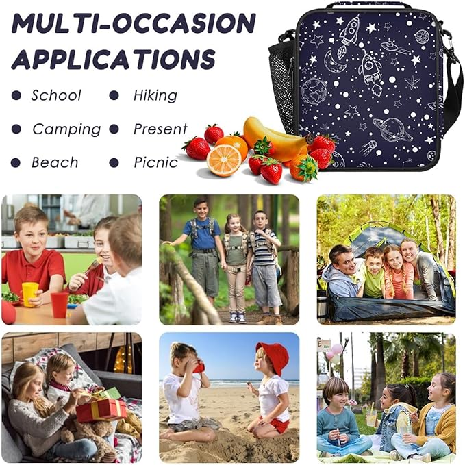 Insulated Lunch Bag for Girls - Reusable Lunch Box Water-Resistant Thermal Cooler Meal Tote Bag with Water Bottle Holder for School Picnic Travel (Universe Rocket)
