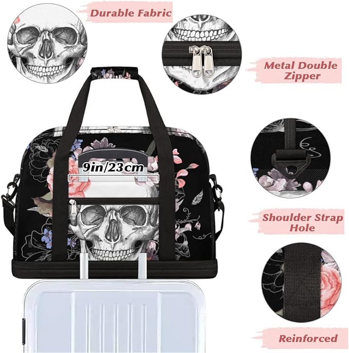 Sports Gym Bag, Sugar Skull Flower Halloween Travel Duffel Bag with Shoes Compartment Waterproof Overnight Bag Workout Weekender Bag Boys Girls Yoga Dance Bag Gym Tote Bag for Women Men