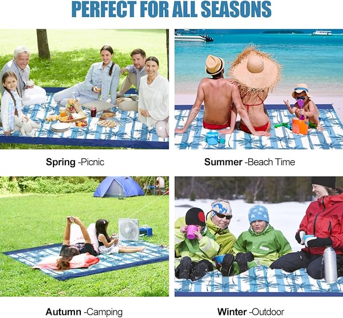 Beach Blanket Waterproof Sandproof Beach Mat Oversized 79" X 83" with 4 Stakes for 2-8 Adults, Soft and Durable, Sand Free, Light Weight, Perfect for Beach Travel Camping Outdoor Hiking