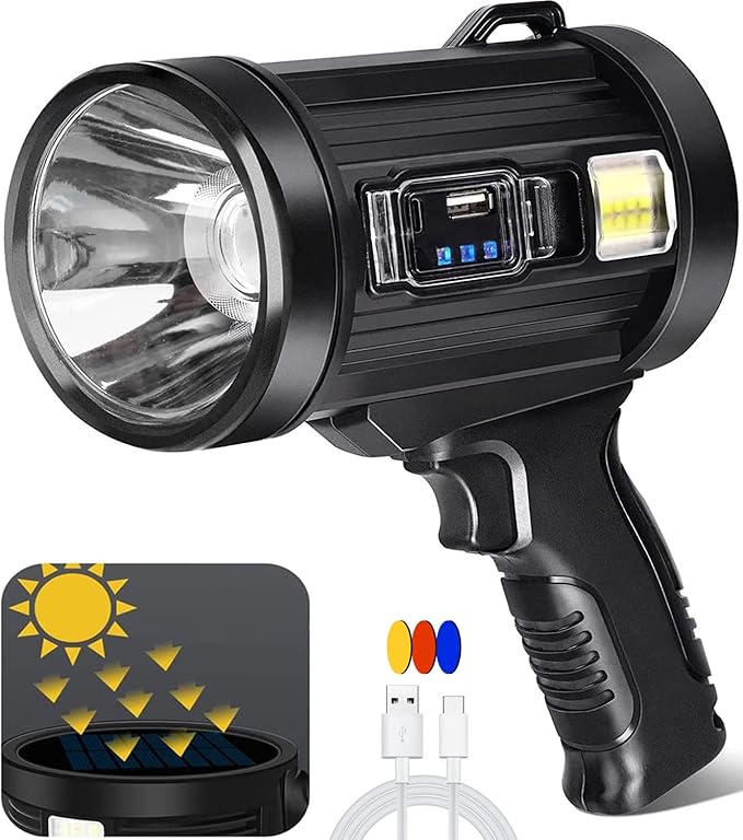 100000 Lumen Spotlight, Led Rechargeable Spotlight Flashlight with Tripod, 6 Modes and 3 Colors Filter, Super Bright Solar Spot Lights Outdoor Handheld for Hunting, Boating, Camping