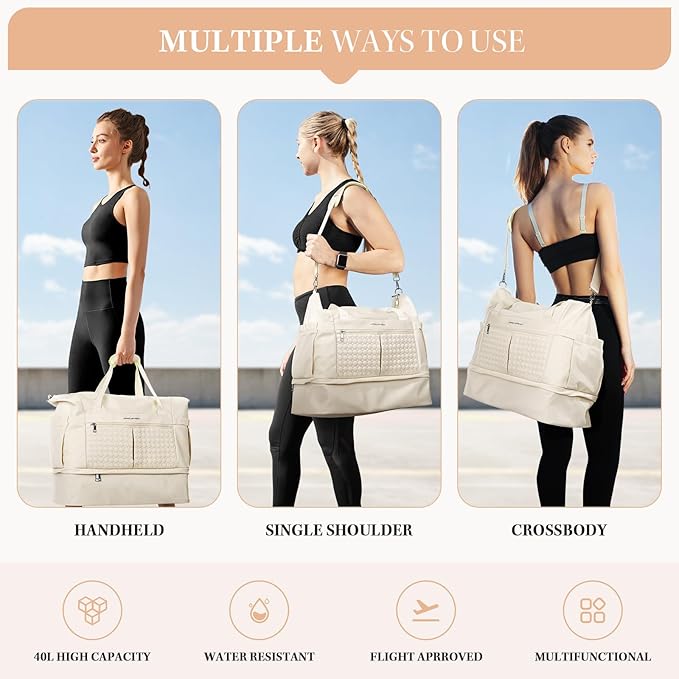 Maelstrom Gym Bag for Women,40L Travel Duffel Bag with Shoes Compartment and Wet Pocket,Waterproof Carry On Weekender Bag,Sport Gym Tote Bags Swimming Yoga, Hospital Holdalls-Beige