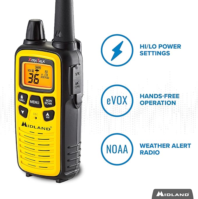 Midland 36 Channel FRS Two-Way Radio - Long Range Walkie Talkie, 121 Privacy Codes, NOAA Weather Scan + Alert (Yellow/Black, 3-Pack)