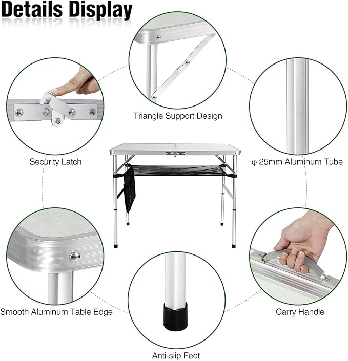 RedSwing Folding Table 3 Feet Adjustable Height, Lightweight and Portable Aluminum Hexagonal Legs Camping Table with Mesh Layer, 36 x 24 x 28 Inches