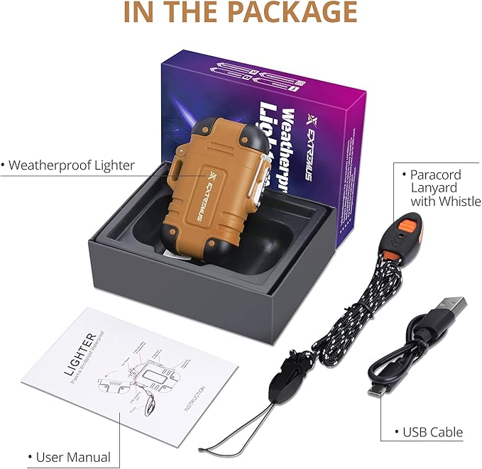 Extremus Blaze 360 Rechargeable Electric Lighters, Dual Arc Lighter, Windproof Plasma Lighter, Waterproof Flashlight Lighter, Flameless Lighter with Whistle Lanyard for Camping (Brown)