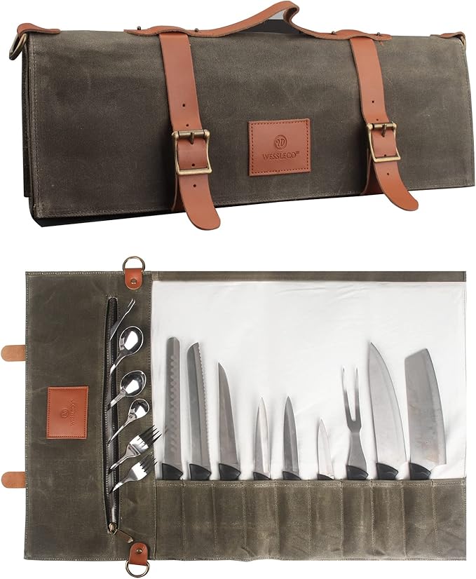 FIREDOG Wessleco Chef Knife Roll Bag (10 Pockets), Waxed Canvas Knife Carrying Case Storage with Handle & Shoulder Strap, Zipper Pouch for Culinary Tools (Knives Not Included)