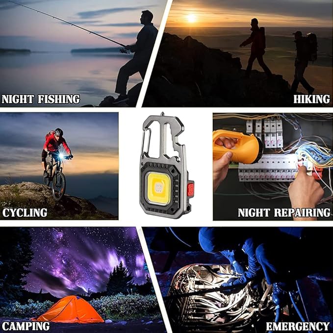 Cob Mini Flashlight Keychain Light, 500 Lumens Bright Rechargeable, Small Multi-Function Work Light, 7 Modes Portable Pocket Light Battery Display Bottle Opener for Camping Emergency Lighting
