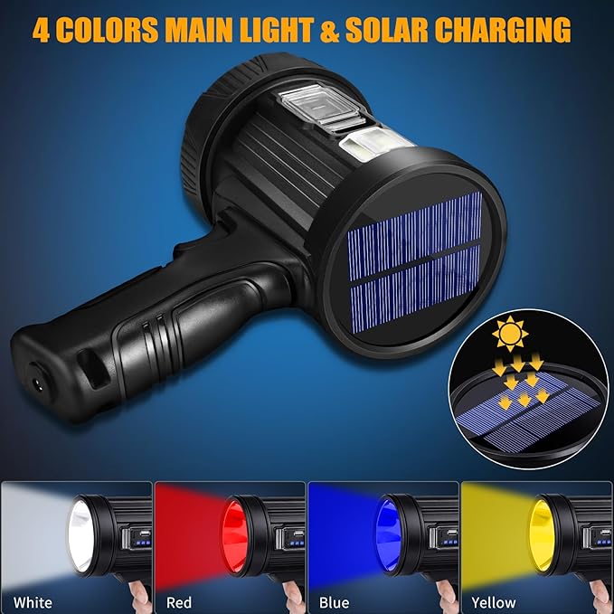 Rechargeable Spotlight, 1000000 Lumens Bright LED Spotlight Flashlight, Long Running Spot Light Searchlight, Outdoor Handheld Spotlights with Solar Panels for Hunting,Camping,Boat,6 Spotlight Modes