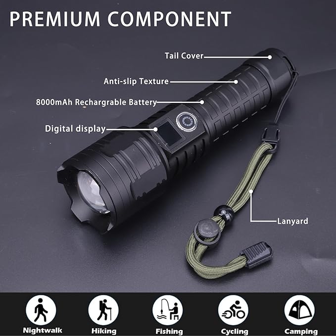 Flashlights High Lumens 10000Lumen Flashlight 5 Modes Power Display IP44 Waterproof, Zoomable High Power Flashlight for Camping Hiking Gift, Flashlights for Emergencies(7.1 * 2)(Battery Free)