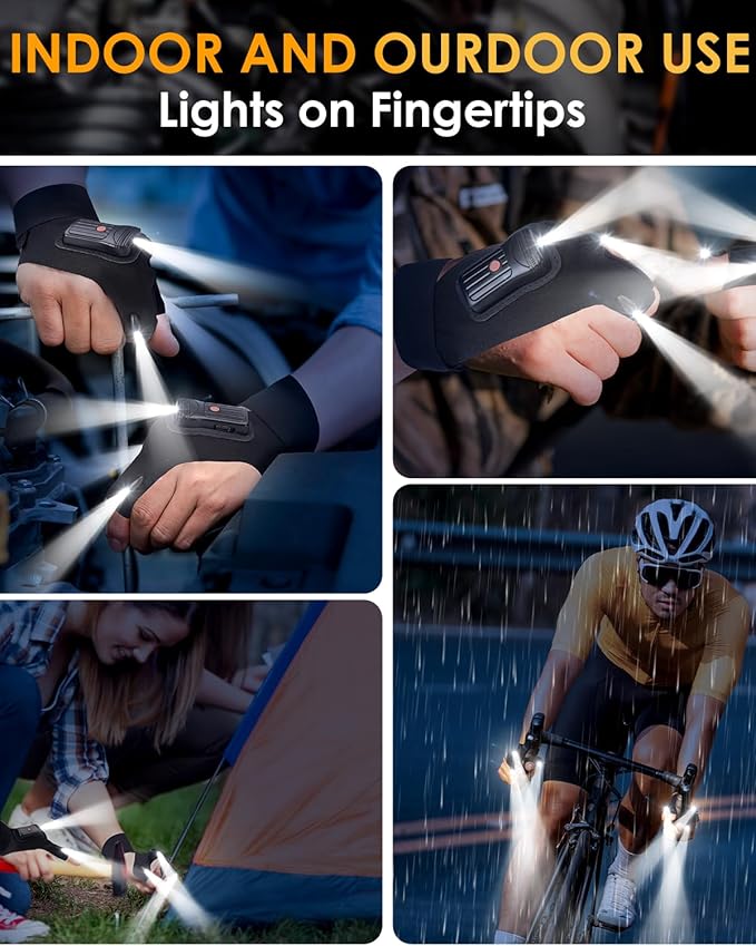 Flashlight Gloves Stocking Stuffers - 2 Pairs Cool Gadgets LED Gloves Gift for Men Dad Boyfriend Grandpa Husband - Christmas Birthday White Elephant - USB with 3 Lights Running Hiking Camping Fishing