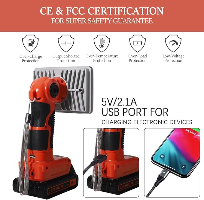 YEX-BUR for Black and Decker 20v Light, LED Work Light for Black and Decker 20V, 18W 2000LM Portable Spotlight Floodlights with USB-A Port for Camping Car Repairing Garage