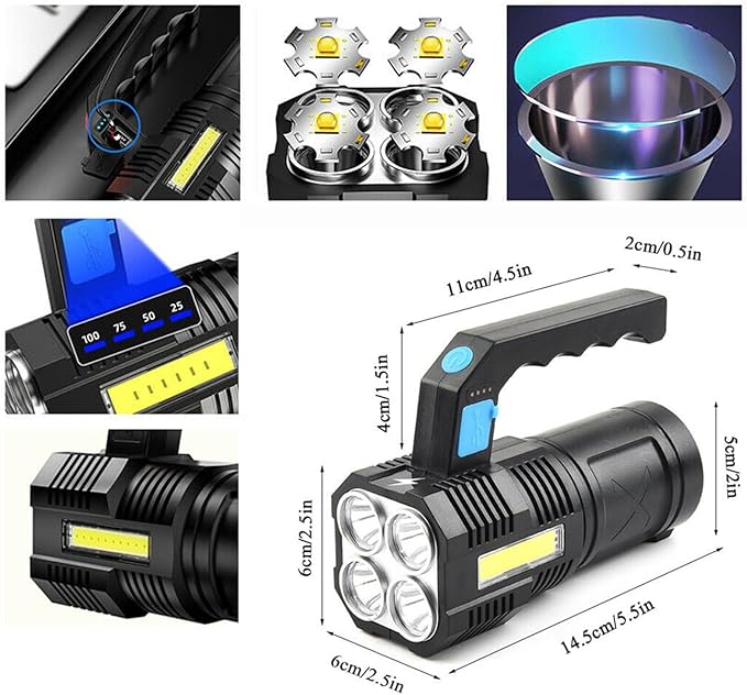 Flashlight Rechargeable USB High Lumens-Camping Flashlight with 4 Powerful LED Beads Handheld Flashlight for Home 4 Modes Waterproof Flashlight for Outdoor Fishing Hiking Emergency
