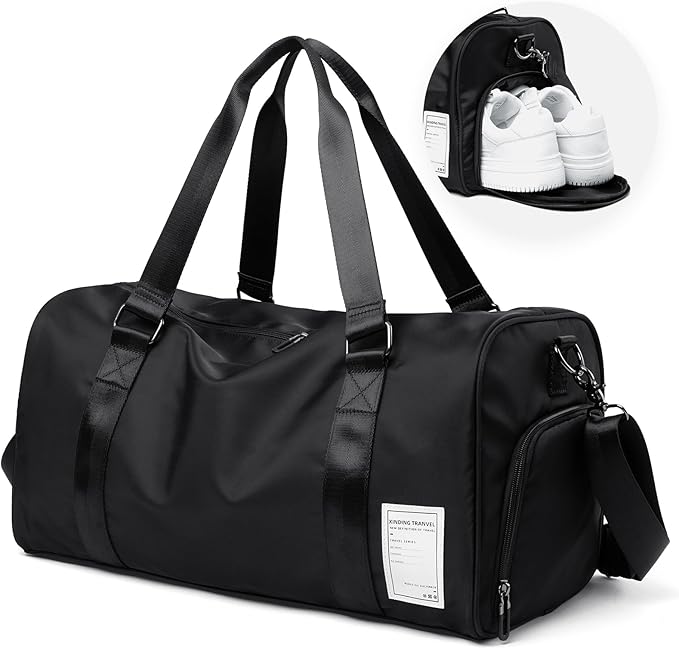 Large Carry on Gym Bag with Shoe Compartment for Men Women Waterproof Overnight Weekender Duffel Bag for Travel Personal Items Sports Workout Outdoors Black