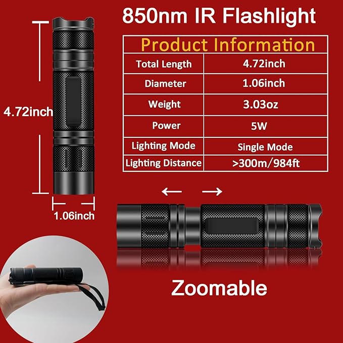 850nm Infrared Light Flashlight Long Range Zoomable Handheld IR Illuminator Work with Night Vision Gear for Nighttime Hunting Photography Camping