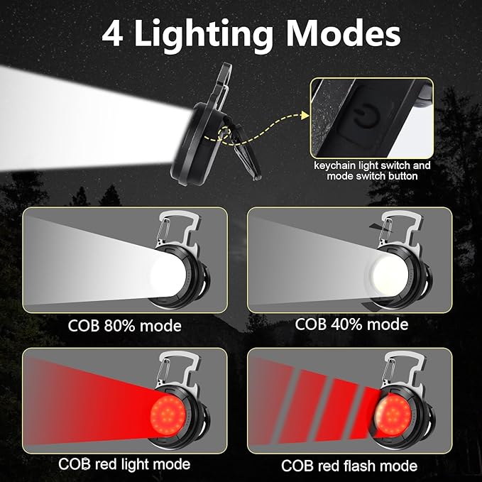 SEFONE 2 Pack Cob Keychain Work Light, 1000 Lumens Keychain Light with 4 Modes, Mini Keychain Flashlights Led Emergency Light, Pocket Light with Magnet Bracket Folding for Biking Fishing Running
