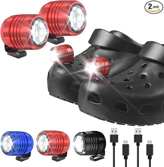 2 Rechargeable Headlights for Croc Charms, Flashlight Attachment Accessories Kids Girl Boy Women Men Sandals, Clip on Clog Headlamp Shoe Decoration Charms, Red