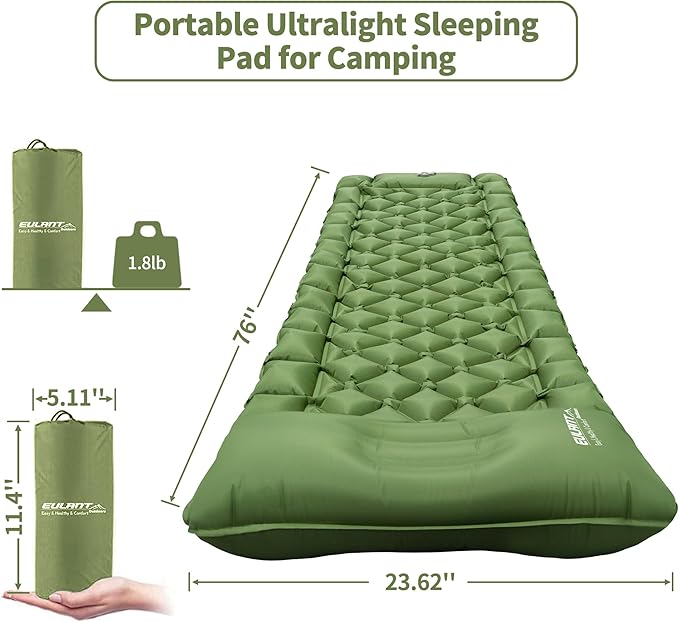 Single Sleeping Pad for Camping, Ultralight Inflatable Sleeping Mat with Pillow and Built-in Foot Pump, Portable Camping Mattress for Tent, Backpacking, Hiking, Traveling(Green)