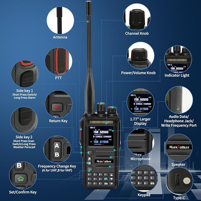 Ham Radio Handheld GMRS Radio: MaxTalker TK-W60 Waterproof Ham Radios Long Range 8W with Tactical Antenna, Two Way Radio Rechargeable Walkie Talkies with Earpiece, Multi-Band VHF UHF Radio for Camping