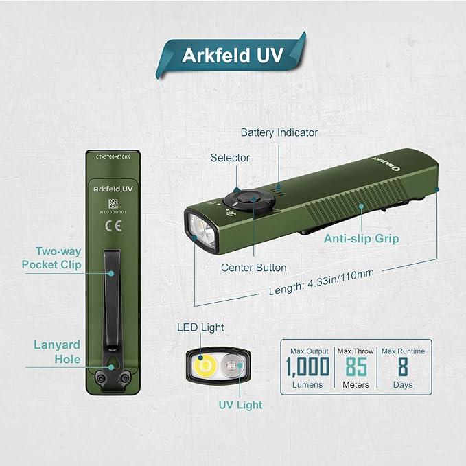 OLIGHT Arkfeld UV Rechargeable EDC Flashlight 1000 Lumens with 365nm UV Light, Flat Flashlight for Outdoors, Emergency, Working, Pet Urine Detection (Cool White Light: 5700~6700K)