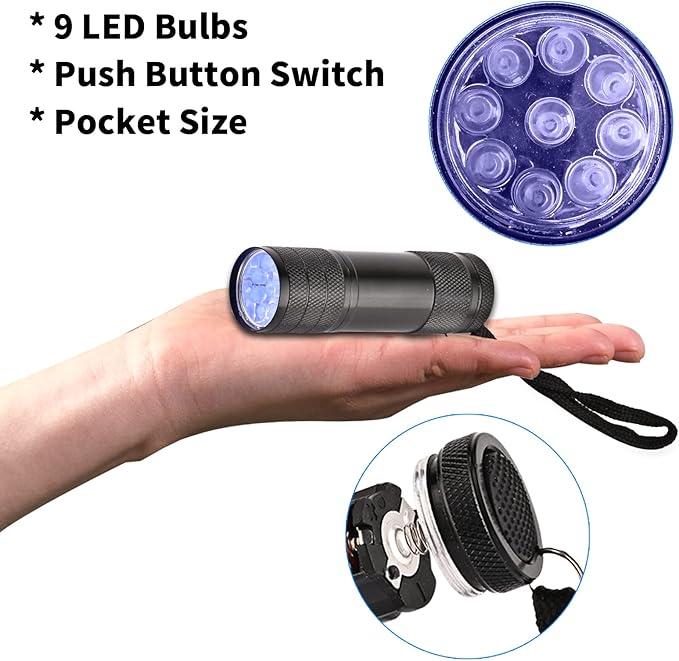 10 Pcs UV Black Light Flashlights Bulk, 9 Led 395-400nm Mini Blacklight Handheld Portable Torch Pet Urine Detector for Bed Bug, Hair, Dog Cat Urine and Stains Batteries Included
