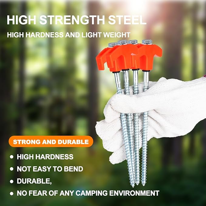 10PCS Camping Tent Stakes Heavy Duty,8 Inch Screw in Tent Stakes Heavy Duty,Nightglow Metal Tent Stakes,with Hex Head Driver,Nail Lifter,Ropes,Orange