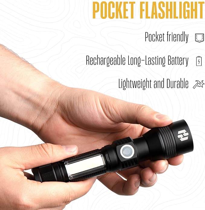 Hayvenhurst LED Flashlight - EDC Flashlight - Tactical Flashlight - 3 in 1 Lightweight, Compact and Rechargeable Pocket Flashlight with Lavish Black Body for Emergency Power Outage