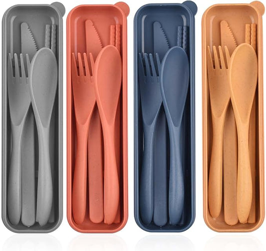 Travel Utensils with Case, Portable Wheat Straw Cutlery Set, Spoon Knife Fork Chopsticks Reusable Utensils for Travel Work Picnic Camping or Daily Use (7)