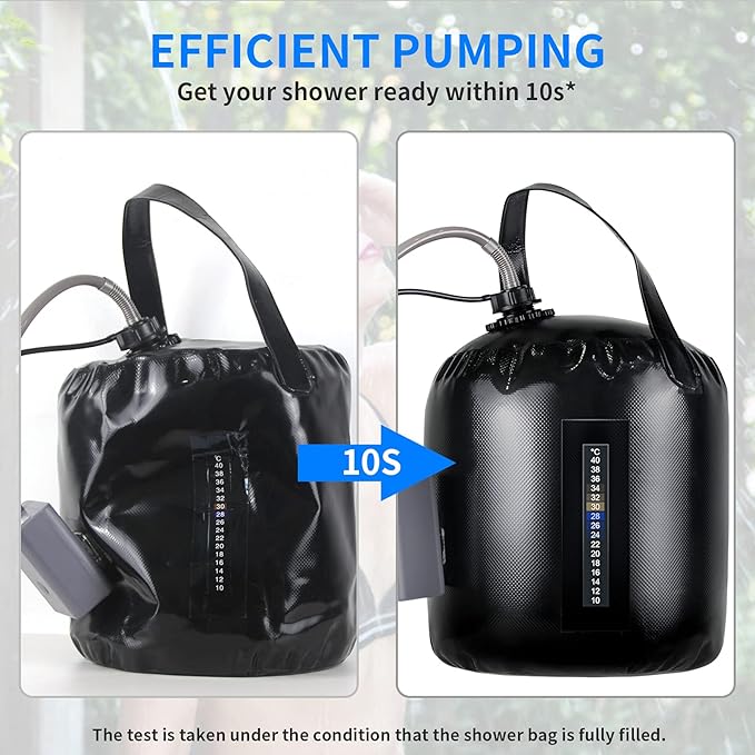 Portable camping shower, 5gallons/20 liters rechargeable air pump outdoor electric camping shower, 8 spray modes, solar heating black PVC airbag, built-in thermometer, beach, camping, hiking