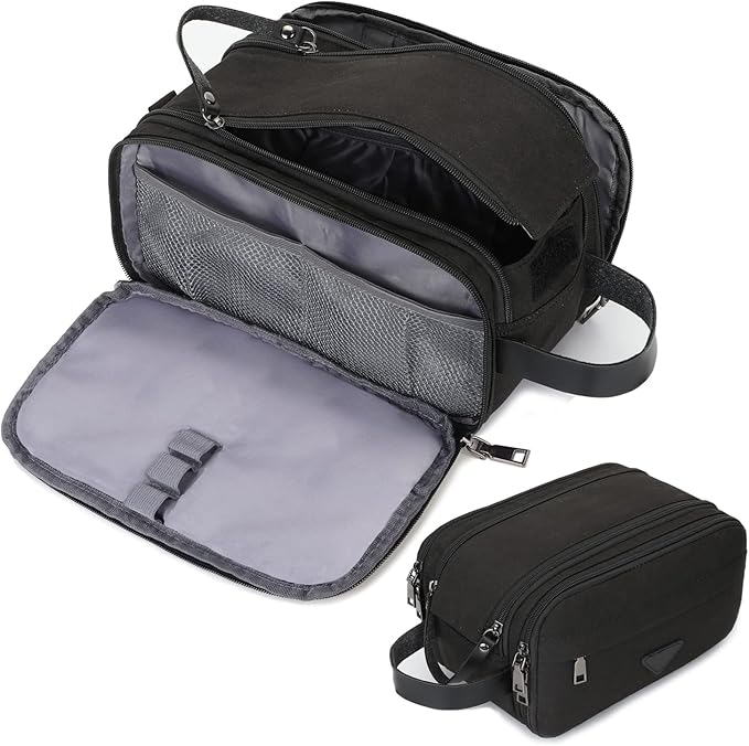 Mens Toiletry Bag Travel Leather Toiletry Organizer Dopp Kit for Men Water-resistant Shaving Bag for Bathroom (Black)