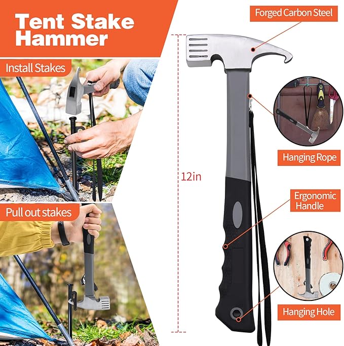 16pcs Tent Stakes and Hammer Set, 8in Heavy Duty Forged Steel Tent Stakes + Camping Hammer + Storage Pouch, Available in Rocky Place (16pcs 8in Stake+Hammer)