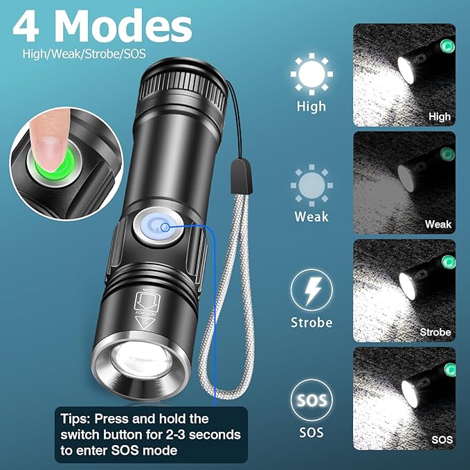 NAKCNM 2 Pack USB Rechargeable Flashlights Mini Handheld Pocket Super Bright Small Flashlight EDC Flashlights for Camping, Hiking, Emergency