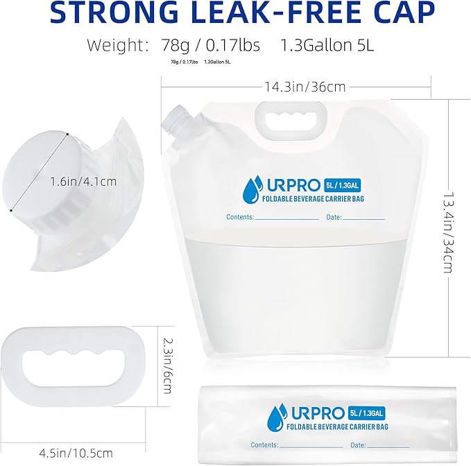 3 Packs Water Storage Carrier Bag, Premium Collapsible Container 5L/ 10L BPA Free Food Grade No-Leak Freezable Foldable for Camping Hiking Backpack Emergency