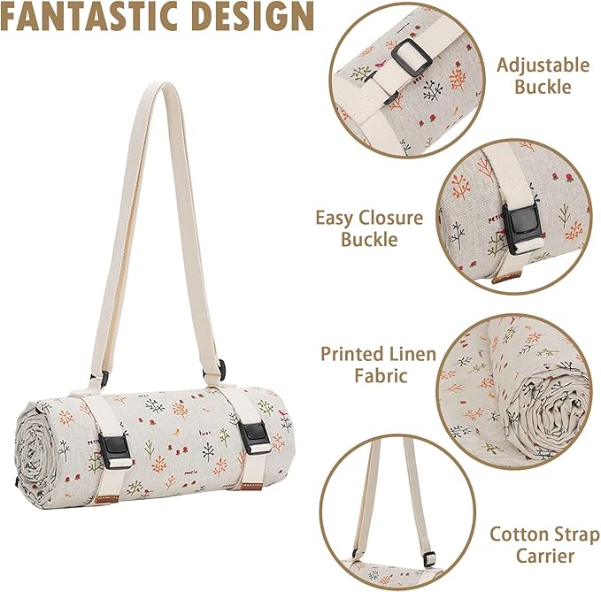 Picnic Blankets Washable Polyester Camping Blankets Emergency Backpack Accessories with Waterproof Backing and Shoulder Strap, 57"x79"